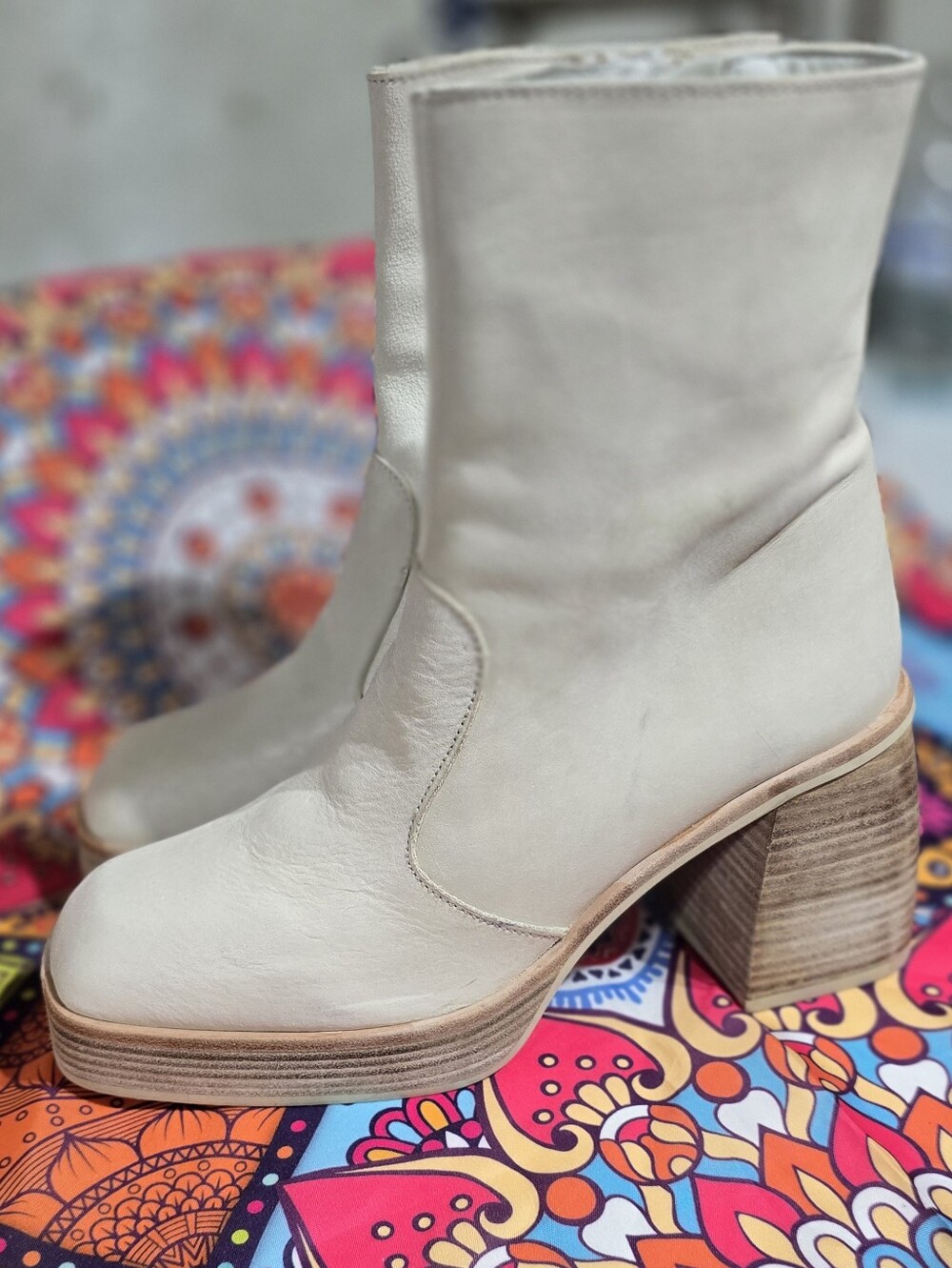 Free People Ruby 70's Retro Bone Cream Leather Platform Ankle Boots EU Size 40